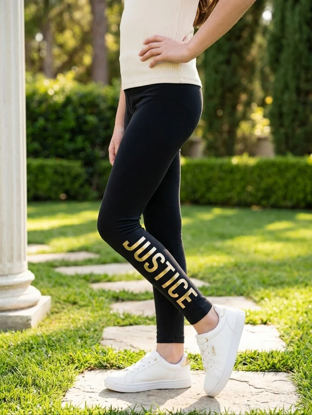 Justice Girls 10 Black Gold Logo Leggings High Rise Stretch Active Pants Pull-On